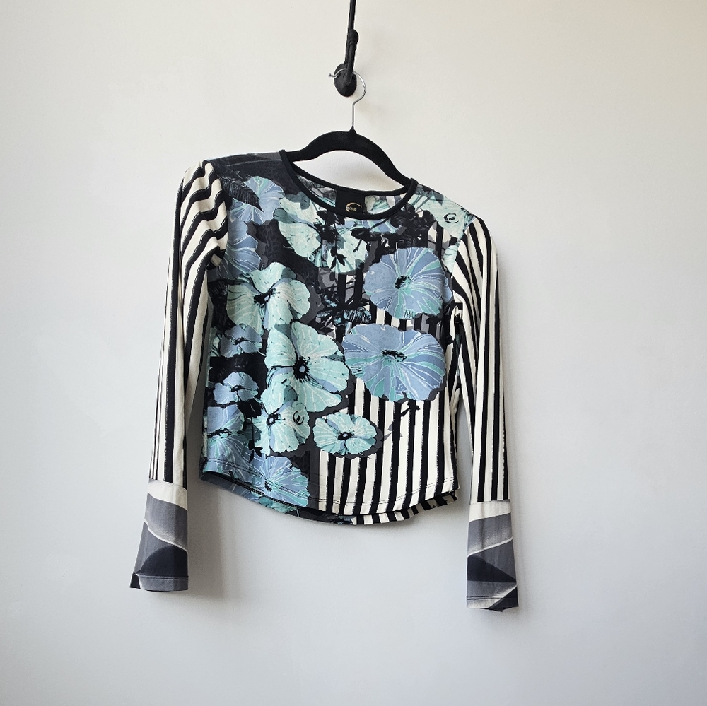 Roberto Cavalli Vintage 1973 Long Stripe Sleeve Blue Floral Print Scuba Crop Top